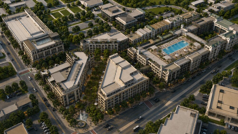 Aerial rendering of the News Press redevelopment looking across Dr. Martin Luther King Jr. Boulevard in Fort Myers